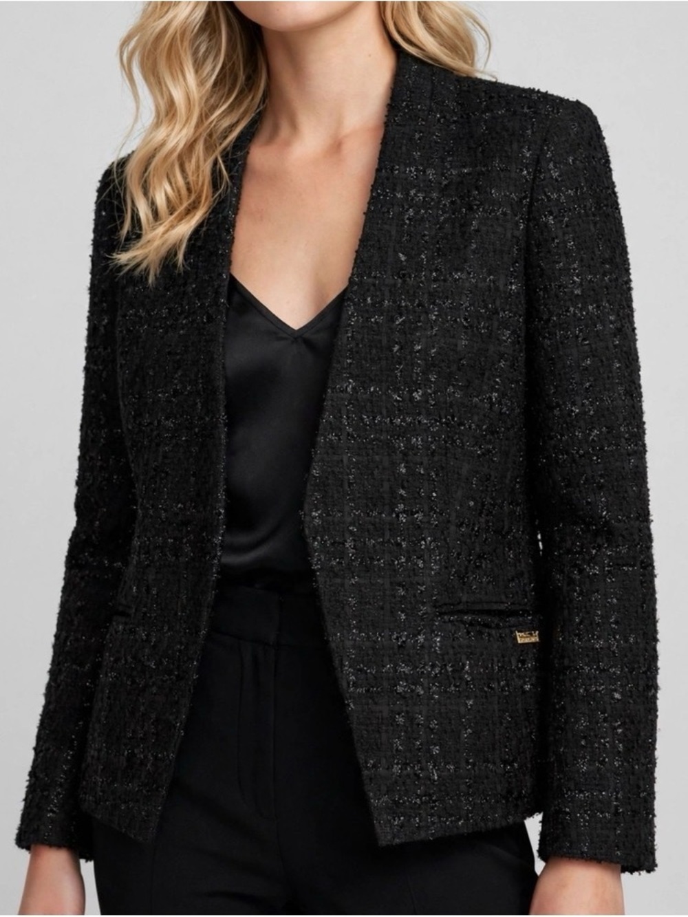 CALVIN KLEIN Black Metallic Bouclé Tweed Jacket Open Front Blazer Size 8 NWT